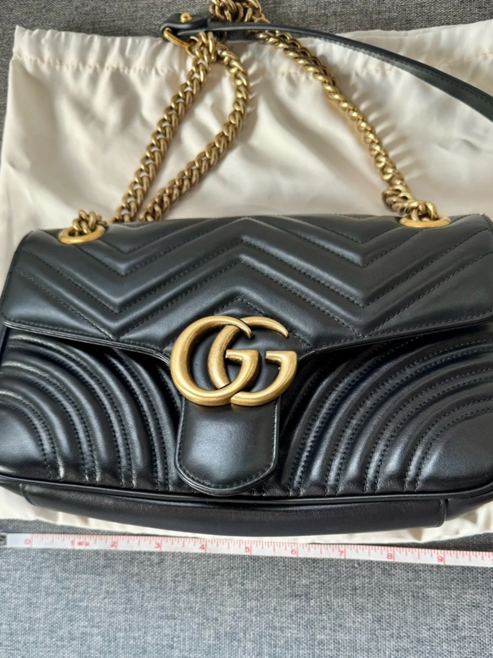 Gucci Marmont Matelassé Black Leather Shoulder Bag, Antique Gold Chain - Picture 6 of 11